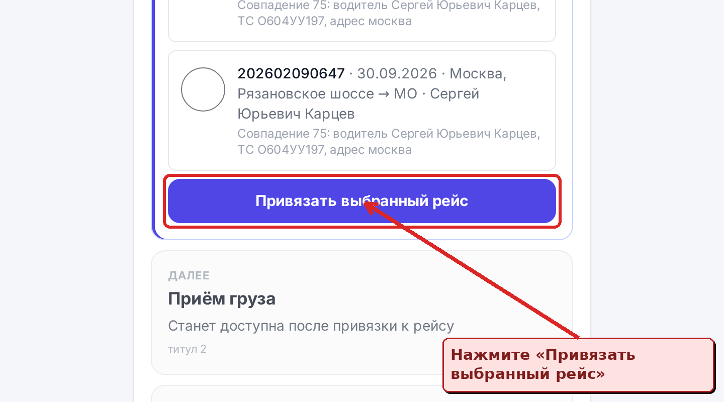 Нажмите Привязать выбранный рейс